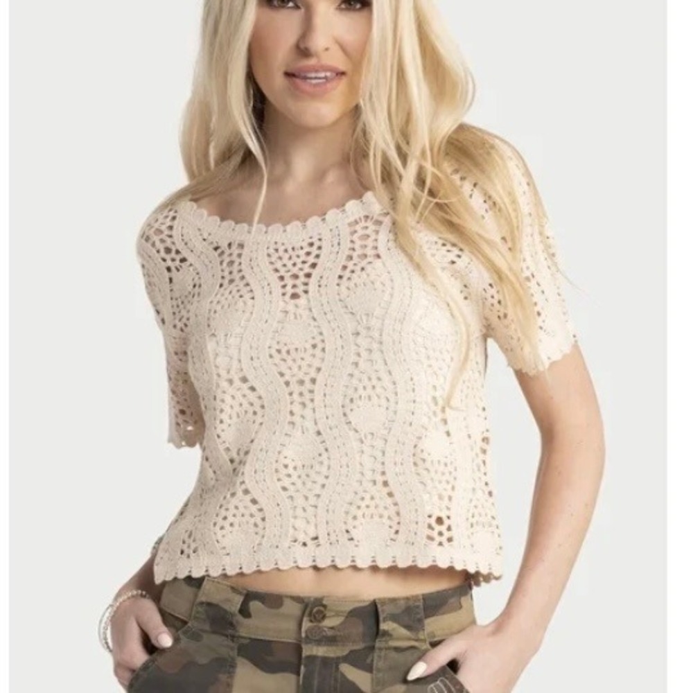 Jessica Simpson Leilah Cropped Crochet Tee Short Sleeve Cream Womens XS